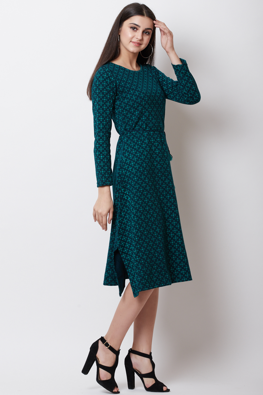 Dark Green POLY COTTON      A Line Dress image number 3