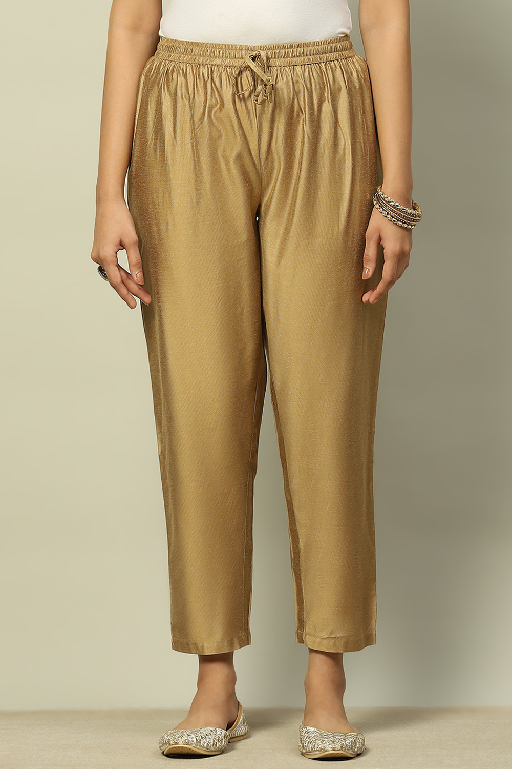 Gold-Toned Solid Regular Fit Pants image number 5