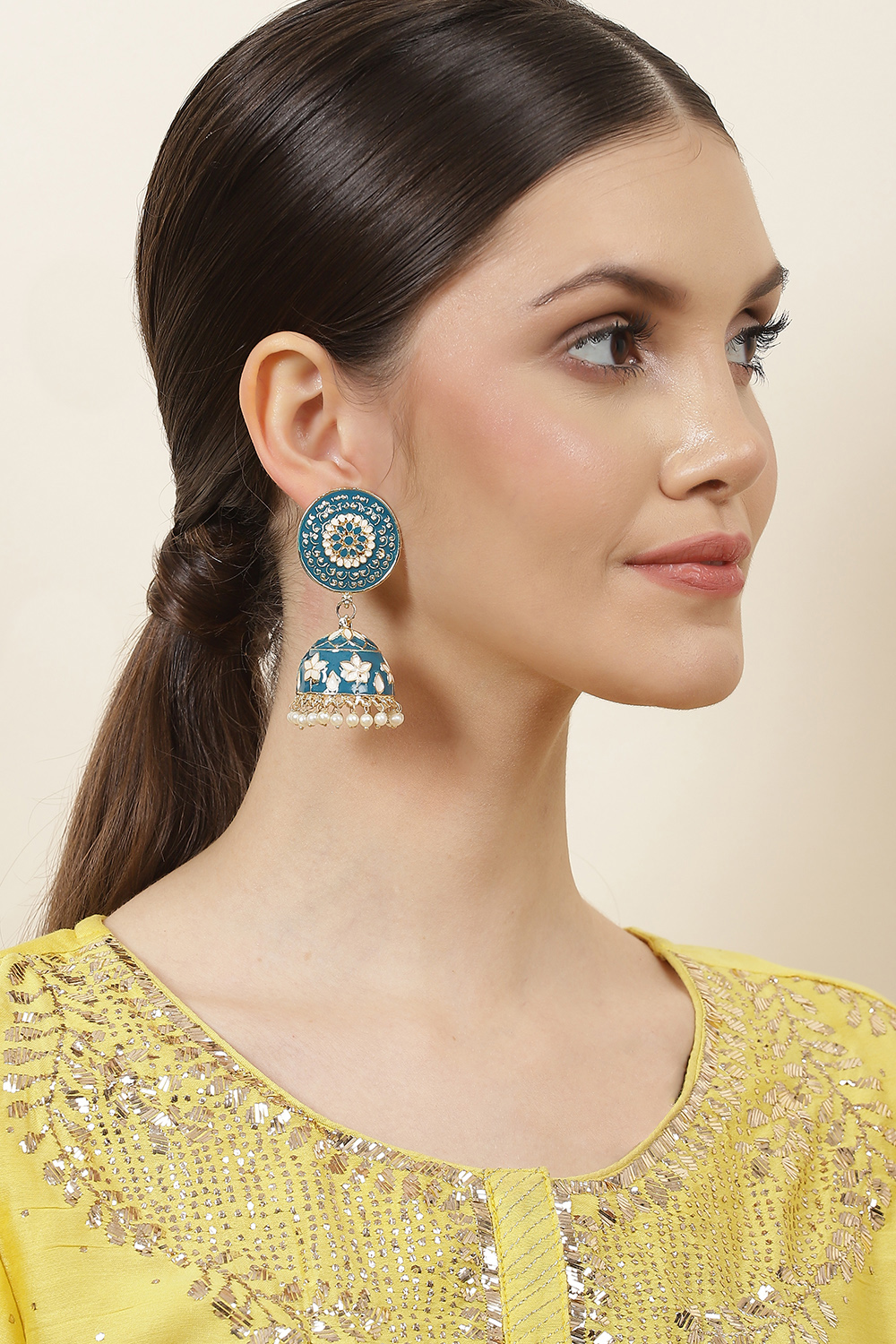 Teal Green Gold Plated Jhumkas image number 1