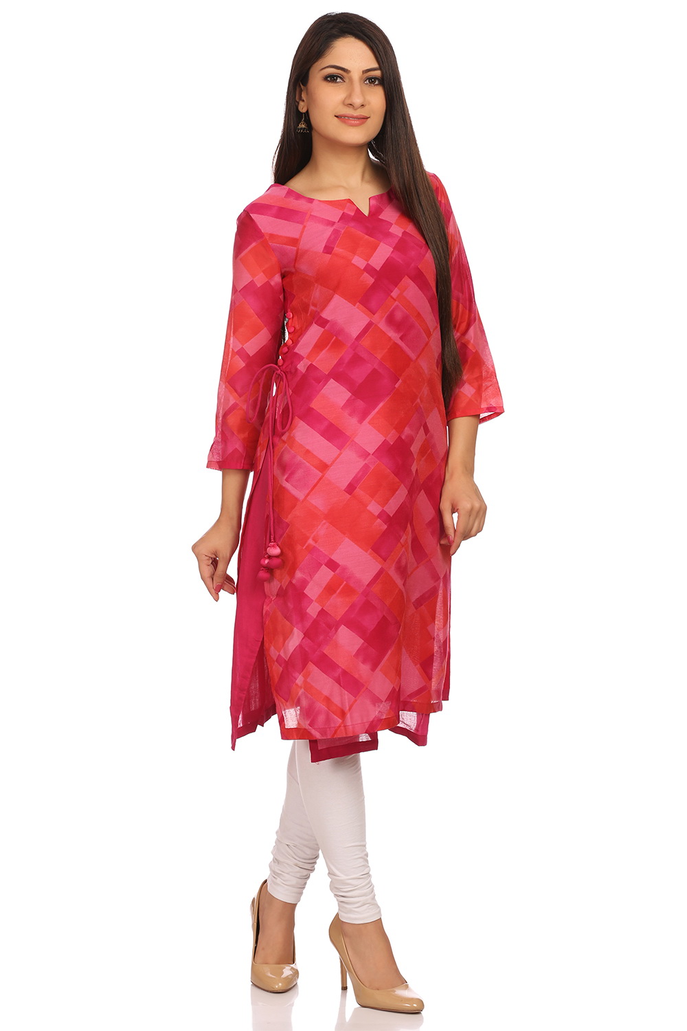 Pink Straight Poly Chanderi Kurta image number 2