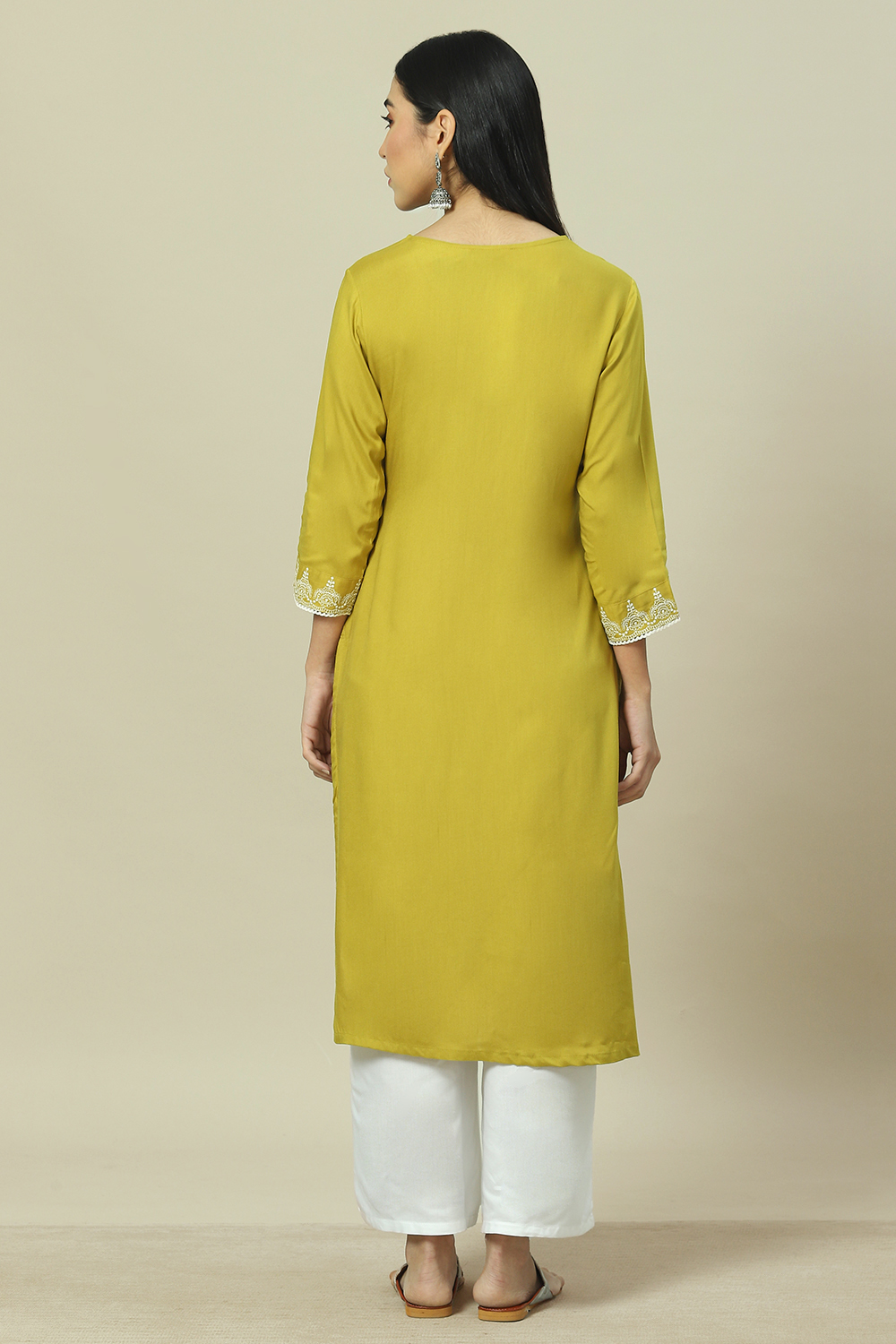 Lime Green LIVA Straight Kurta image number 4