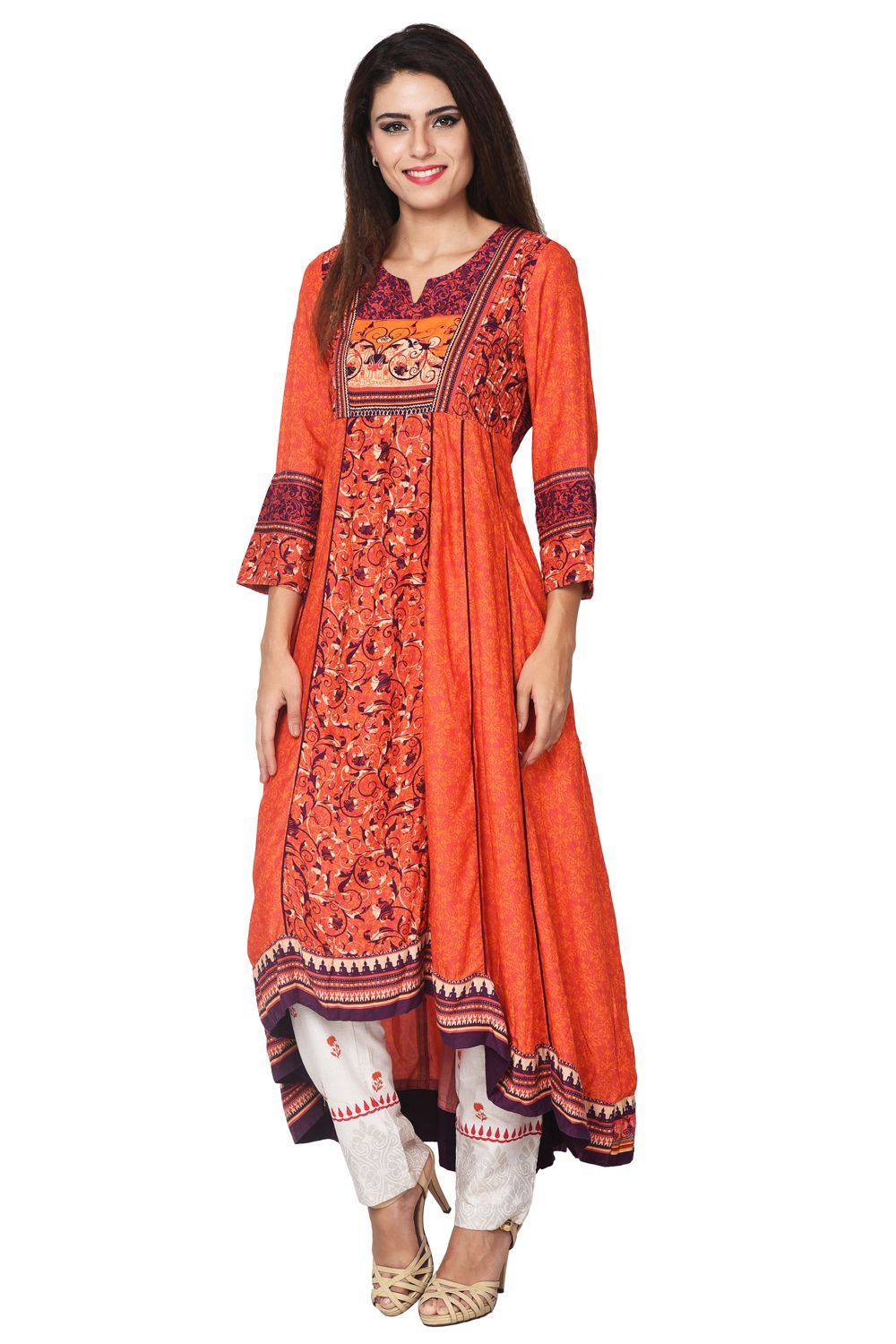 Orange Asymmetric Viscose Kurta image number 1