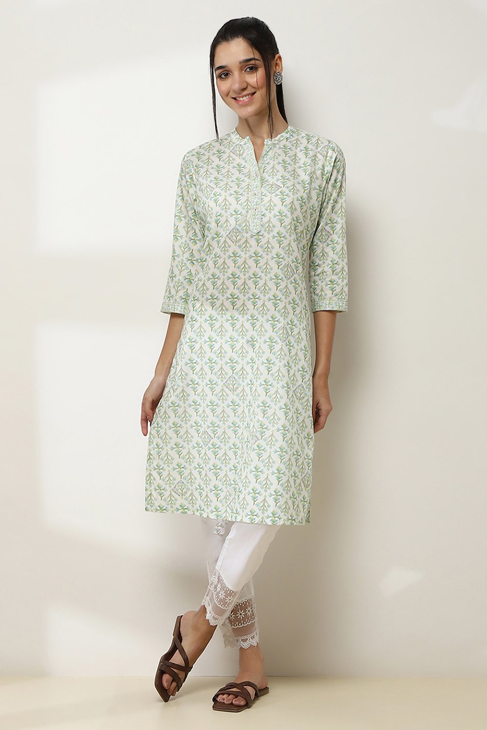 Off-White and Green Cotton Straight Kurta image number 5