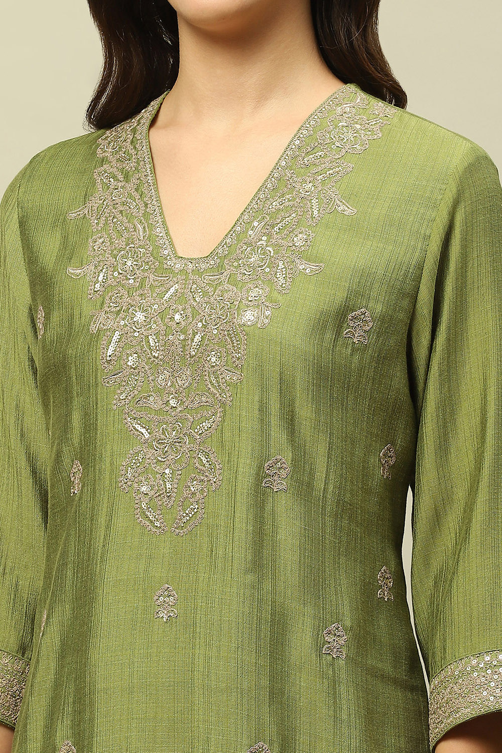 Golden-Olive Viscose Blend Straight Embroidered Kurta Sharara Suit Set image number 1