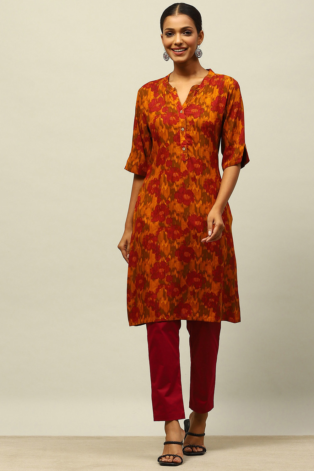 Yellow Rayon Printed Straight Kurta image number 0