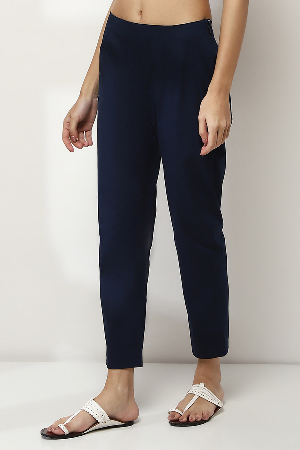 Navy Blue Cotton Solid Regular Pants image number 2