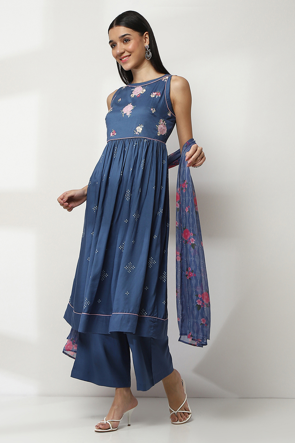 Indigo Blue Floral Anarkali Suit Set image number 3