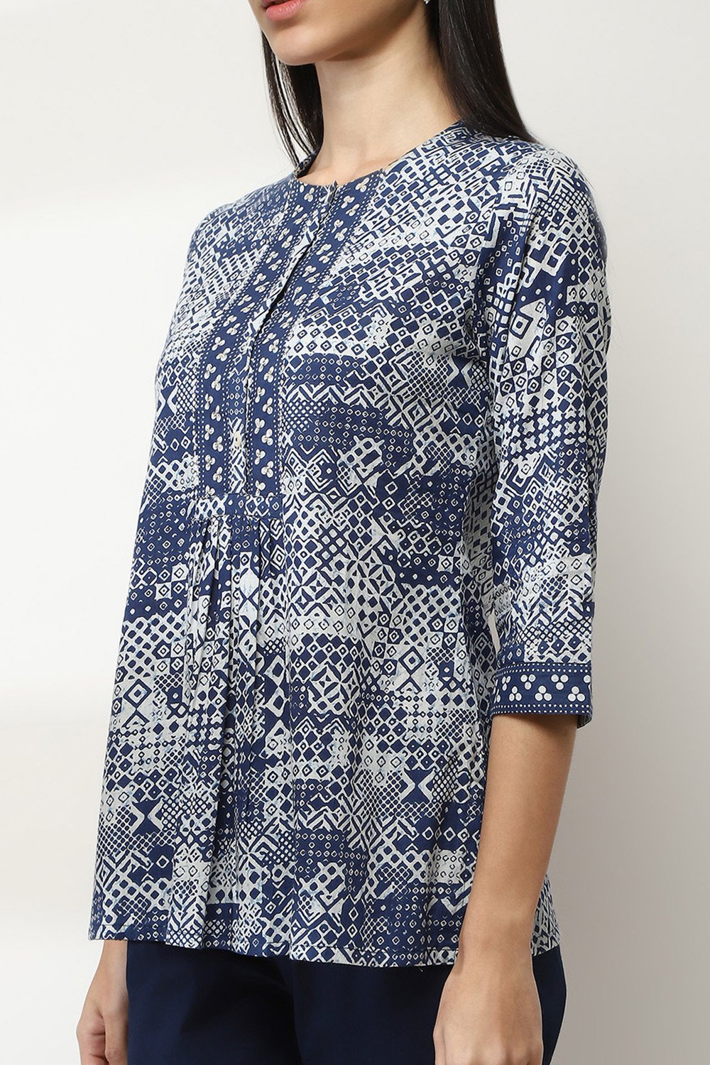 Indigo Cotton Printed Straight Top image number 1