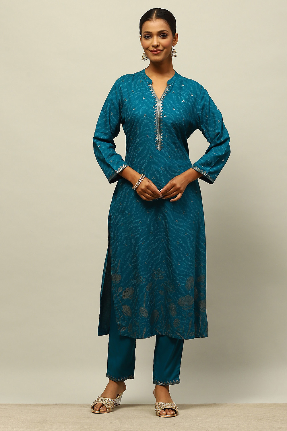 Teal Blue Rayon Straight Printed Kurta Salwar Pants Suit Set image number 0