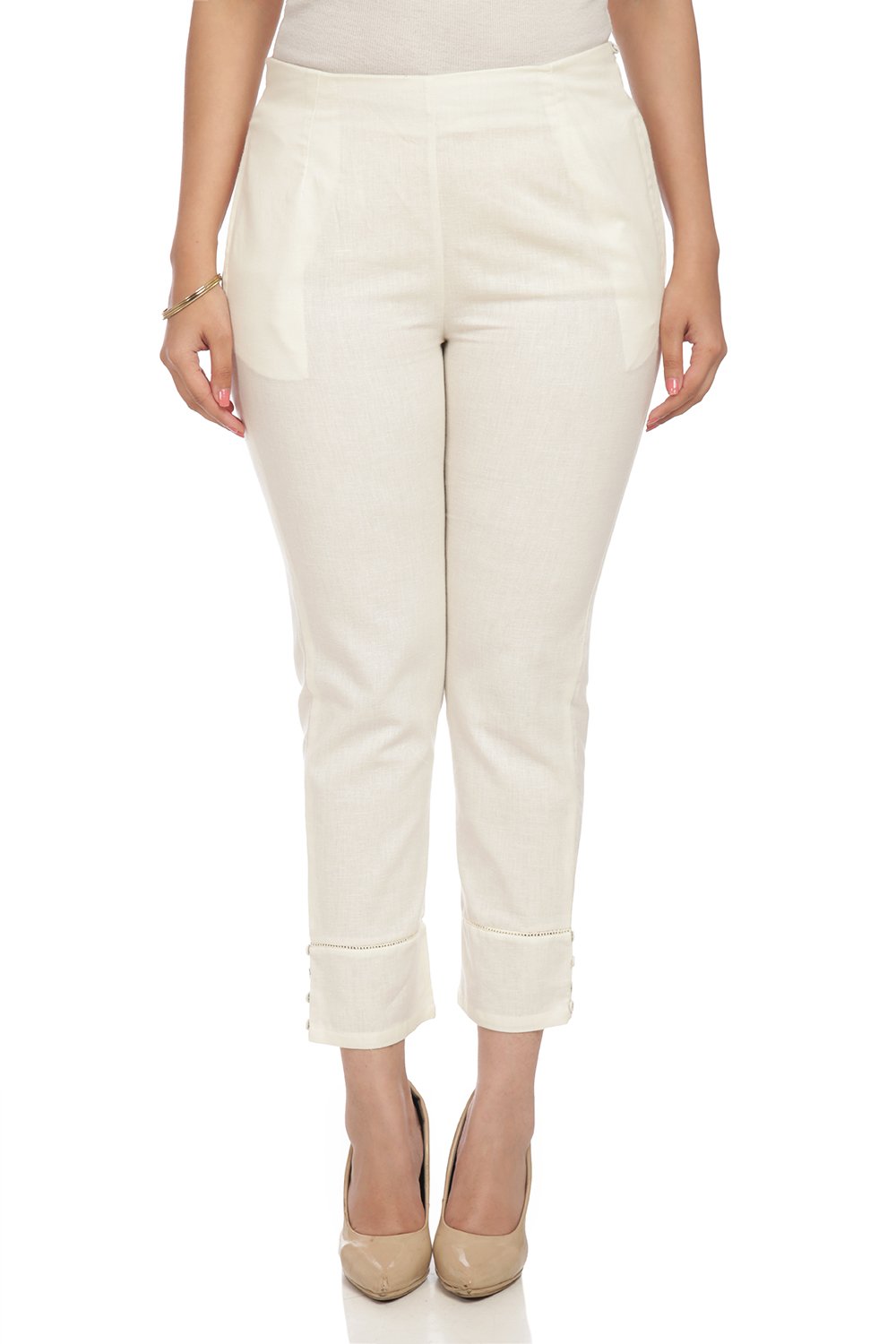 Ecru Cotton Slim Pants image number 0