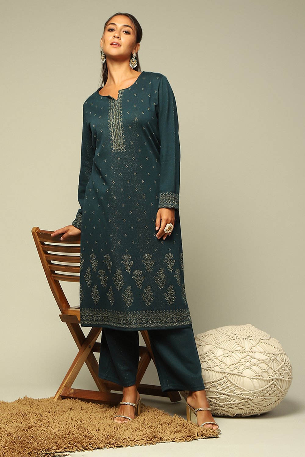 Teal Blue Circular Jacquard Straight Yarn Dyed Kurta Palazzo Suit Set image number 0