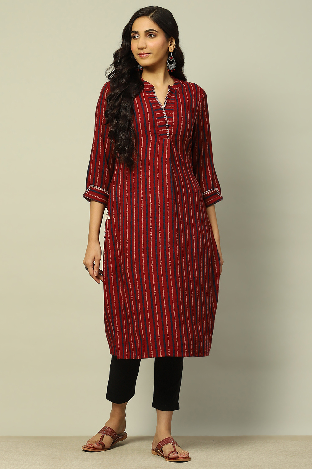 Red Viscose Blend Striped Straight Kurta image number 5