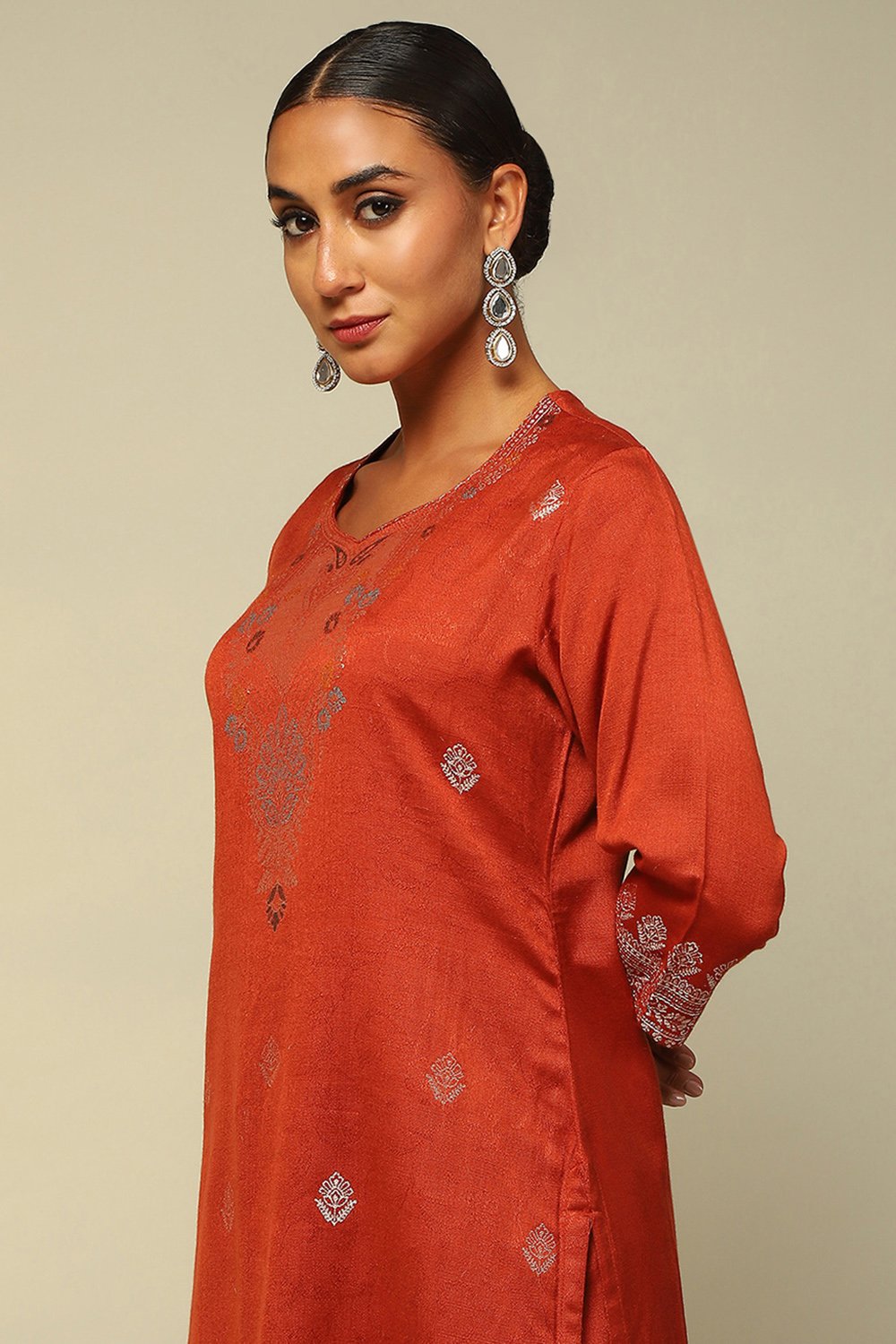 Rust-Red Acrylic Straight Yarn Dyed Kurta Palazzo Suit Set image number 1