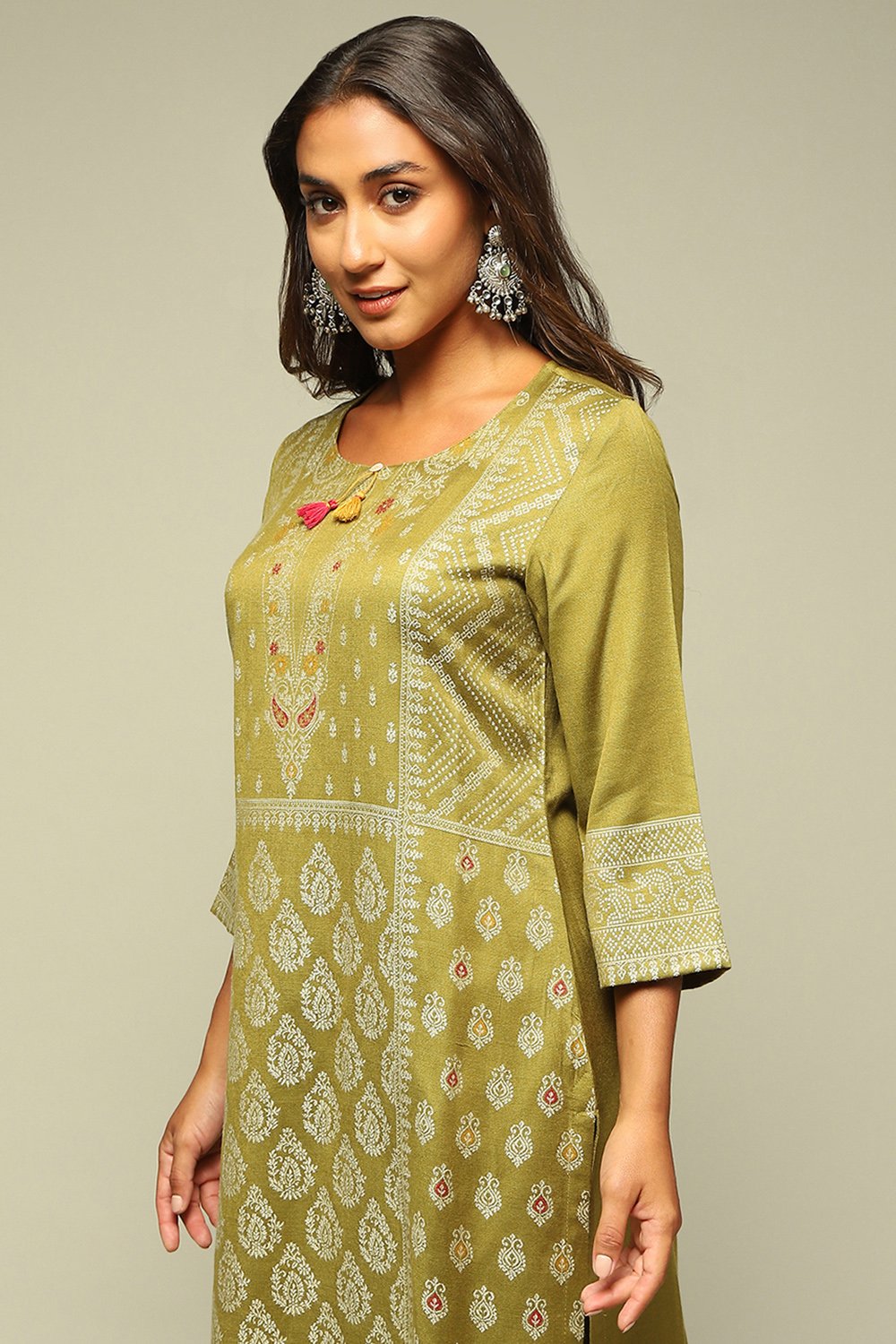 Lime Acrylic Straight Yarn Dyed Kurta Palazzo Suit Set image number 1