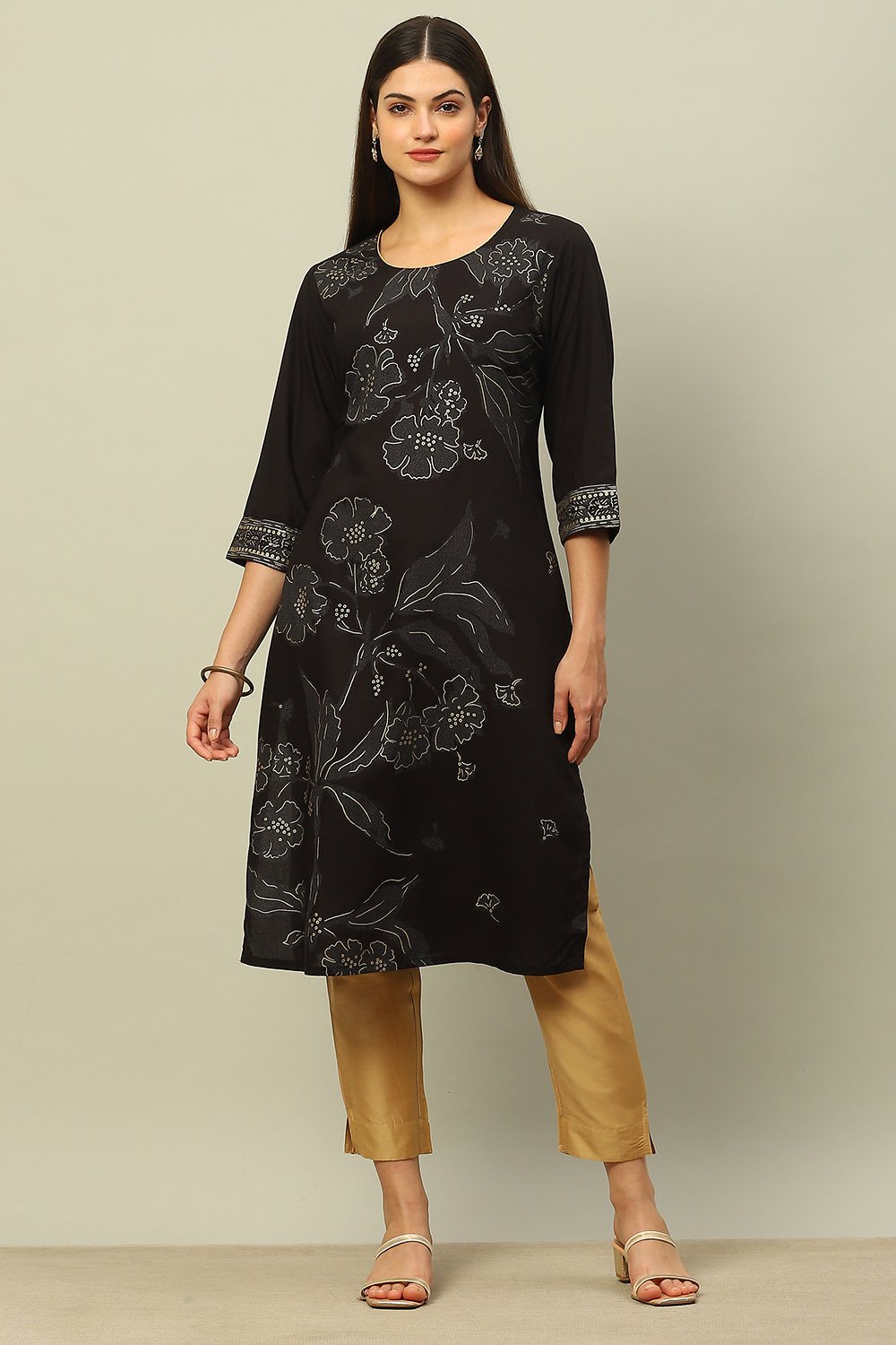 Black Rayon Printed Straight Kurta image number 0