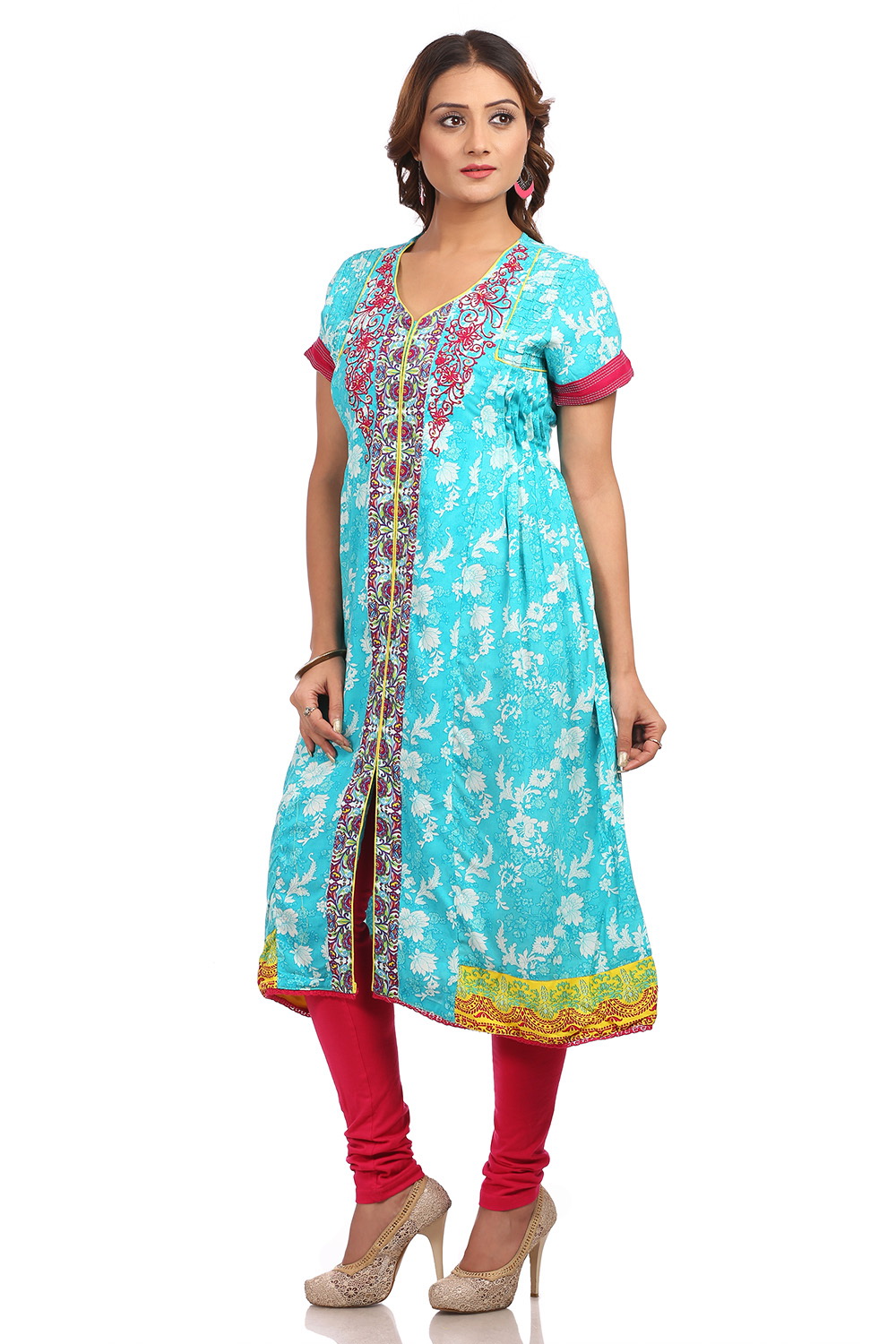 Turquoise Flared Cotton Kurta image number 2