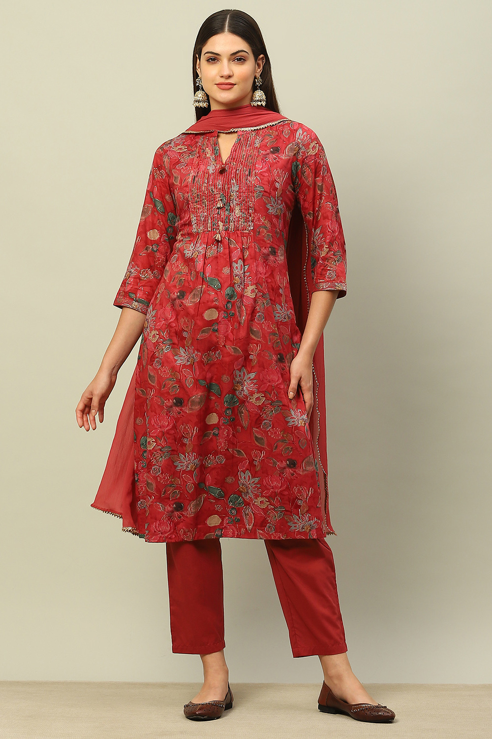 Pink Cotton Straight Printed Kurta Pants Suit Set image number 0