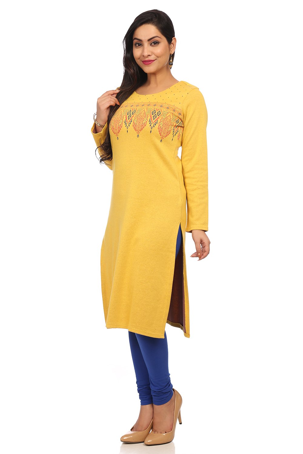 Mustard Poly Cotton Straight Kurta image number 2