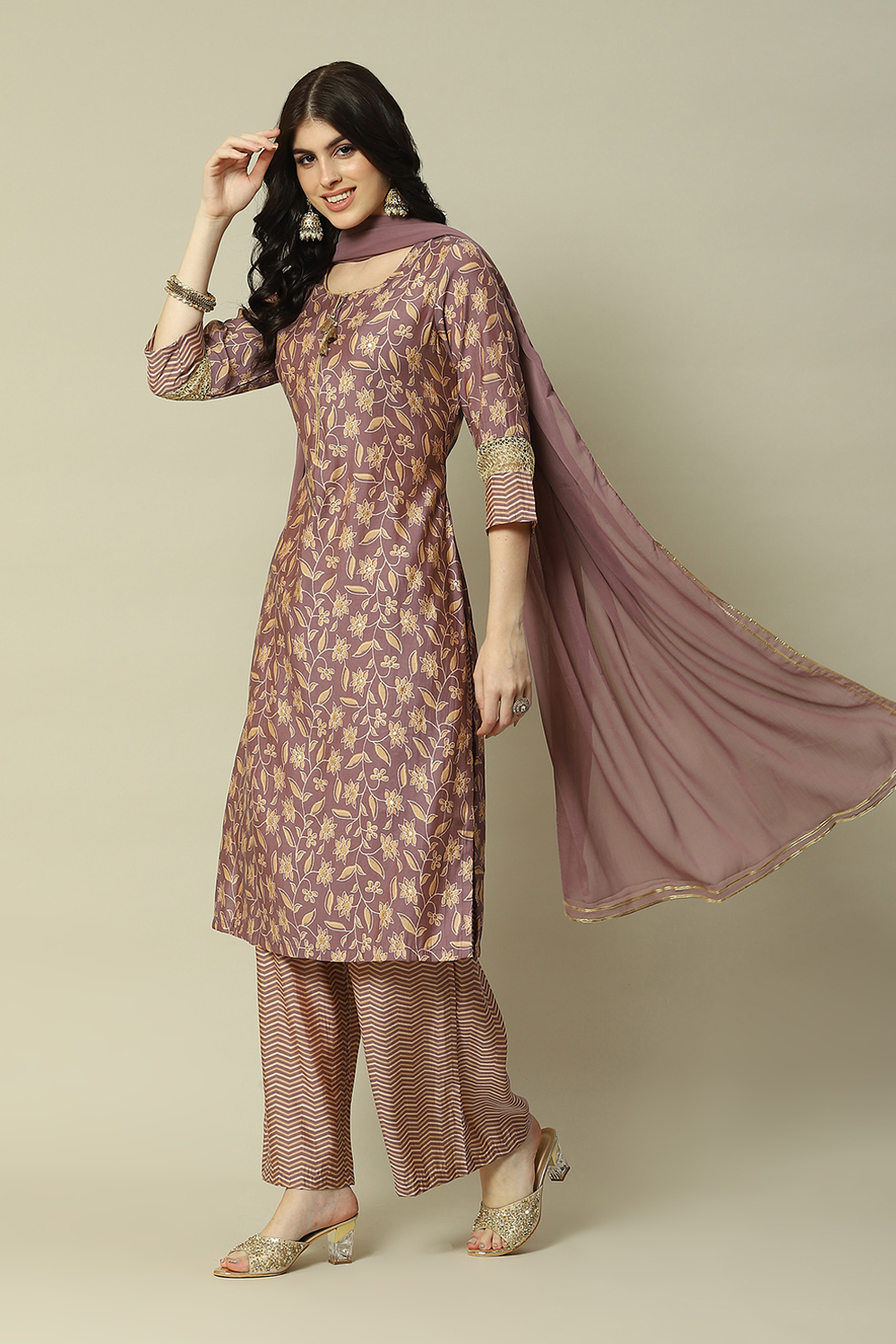 Mauve LIVA Straight Printed Kurta Palazzo Suit Set image number 5