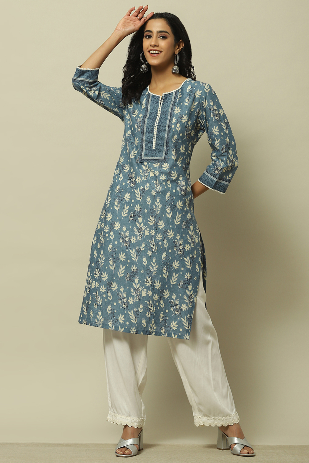 Blue Cambric Printed Straight Kurta image number 0