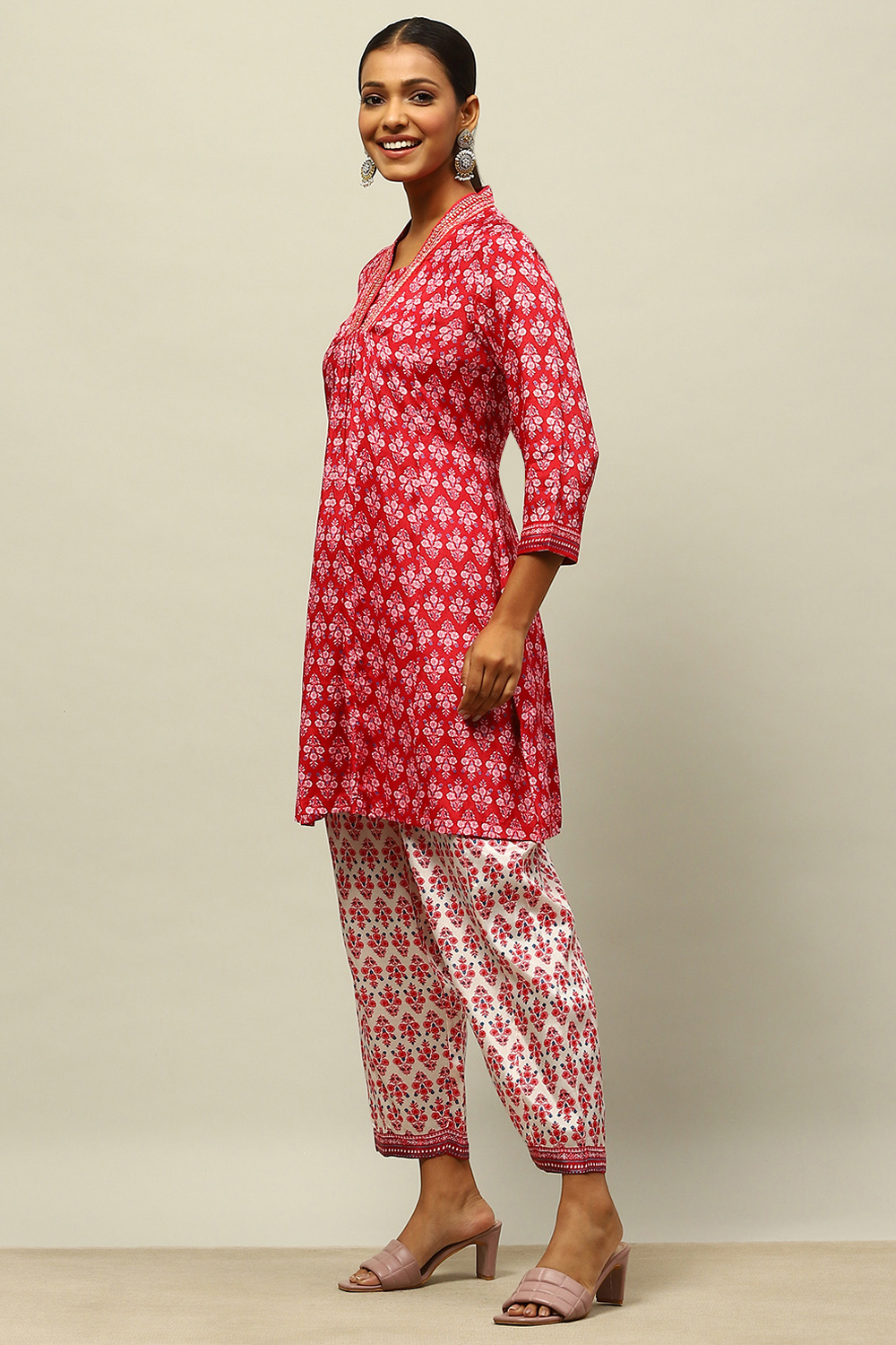 Red Viscose Blend Kalidar Printed Kurta Palazzo Suit Set image number 3