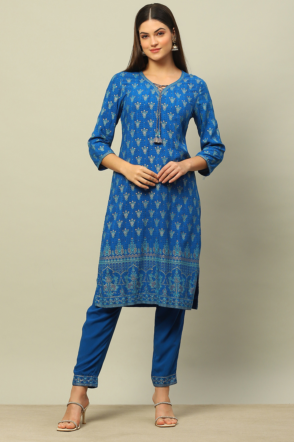 Blue Rayon Straight Printed Kurta Salwar Pants Suit Set image number 0