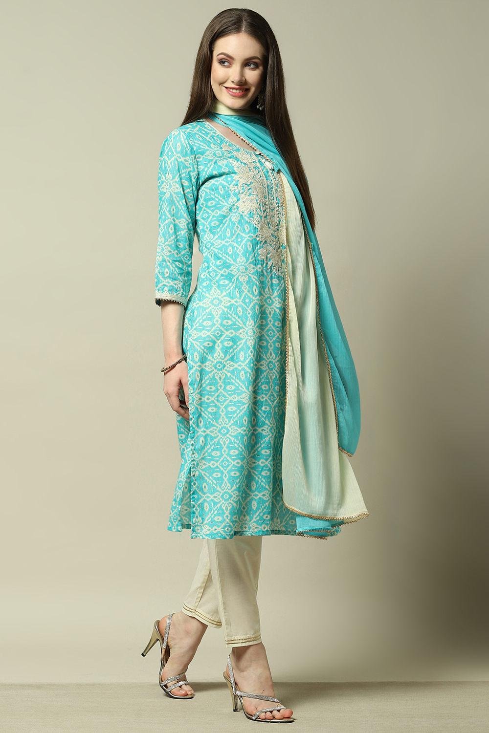 Turquoise Cotton Blend Printed Kurta & Pants Suit Set image number 6