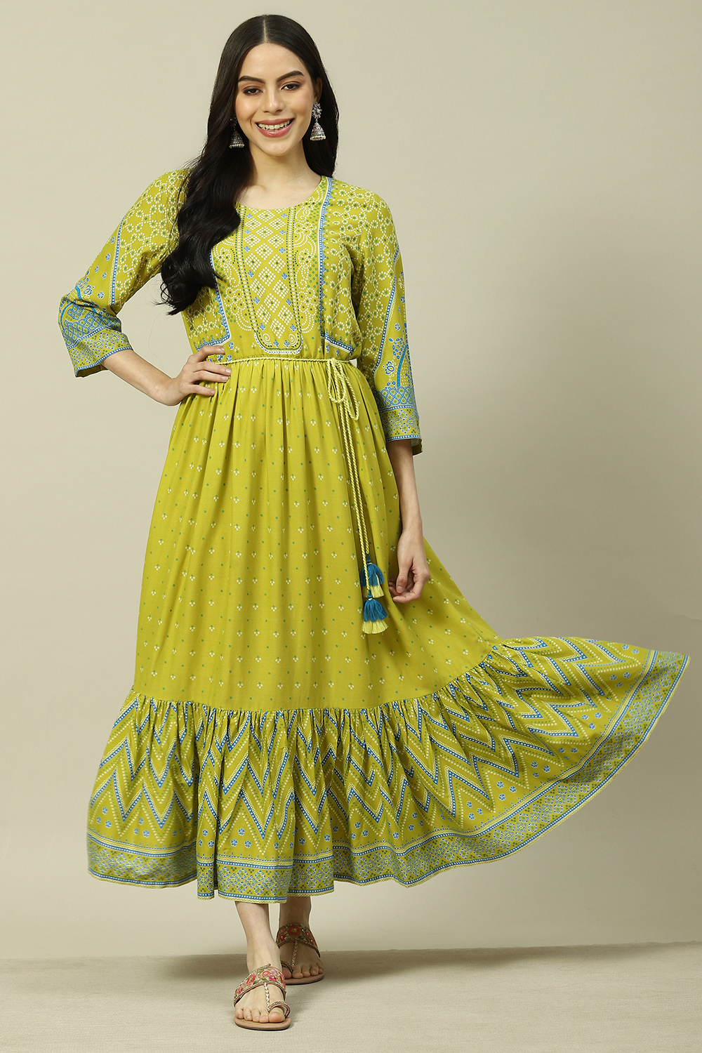 Buy Lime Green LIVA Tiered Dress 1N by Rangriti