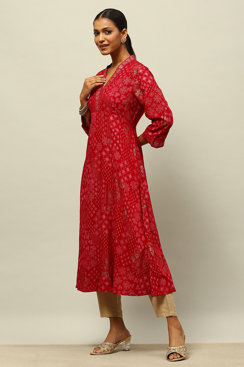 Red Rayon Printed A-line Kurta image number 2