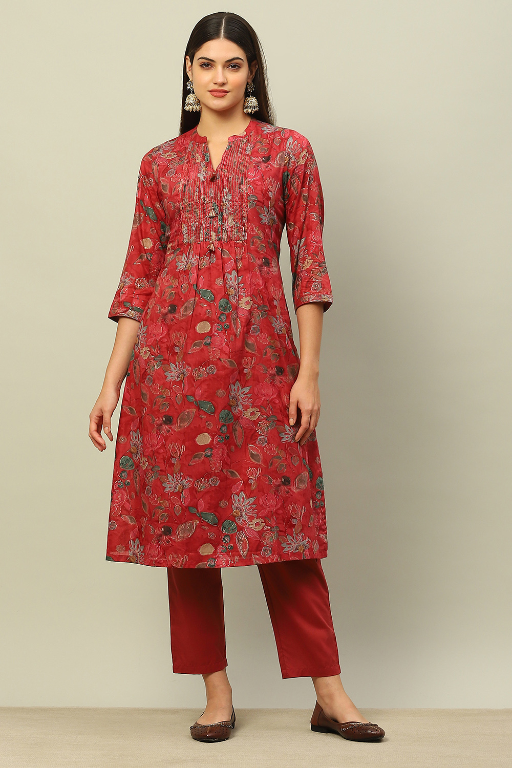 Pink Cotton Straight Printed Kurta Pants Suit Set image number 6