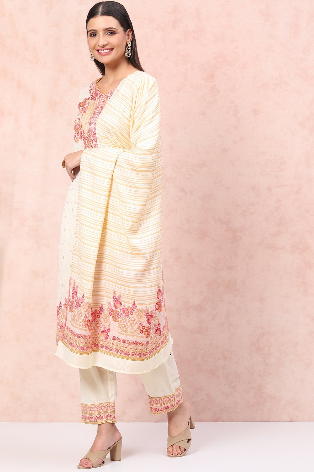 Cream Art Silk Straight Suit Set image number 5